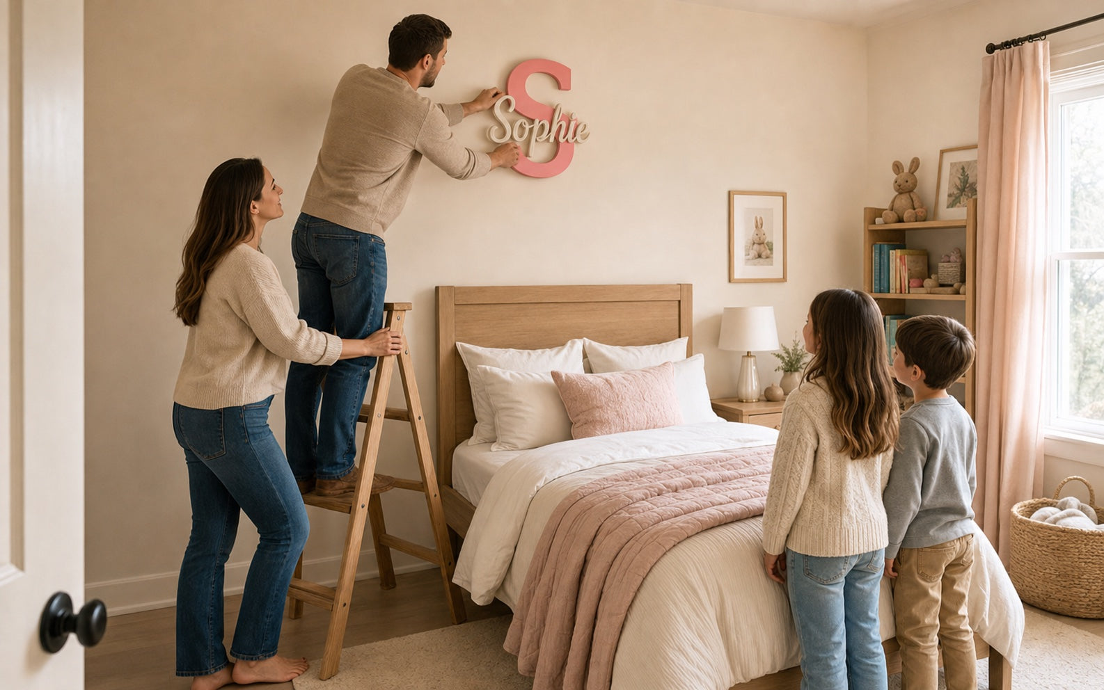 A family decorating their daughter's room with a personalized Sophie name piece