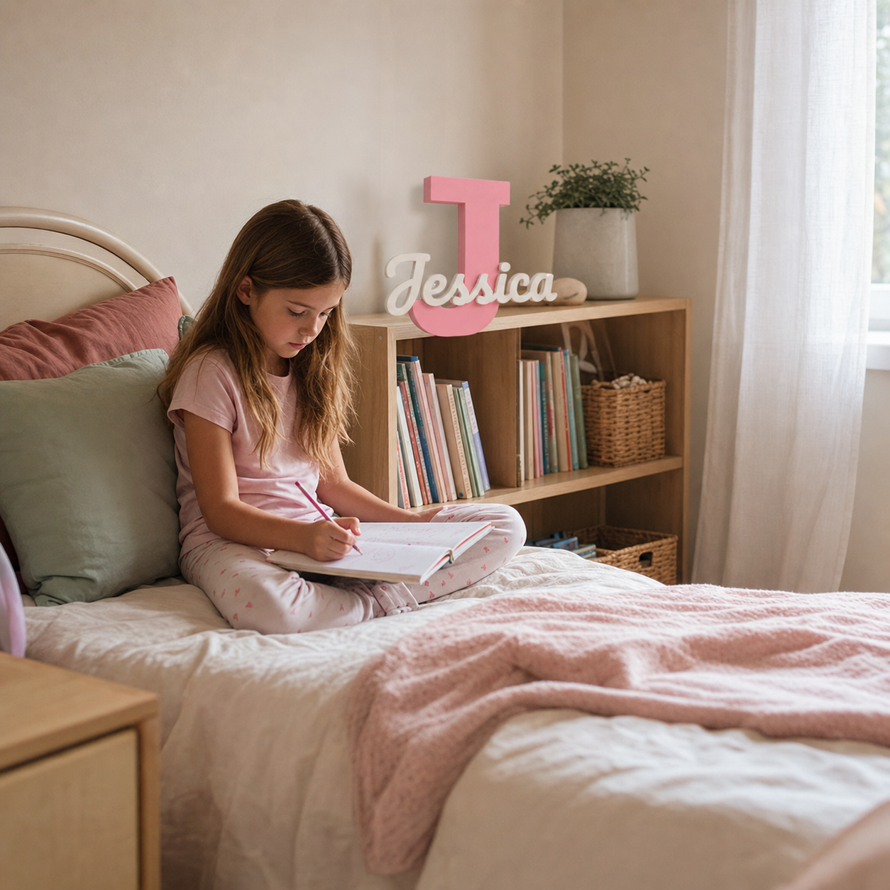 A girl drawing in her bedroom beside a personalized Jessica initial keepsake