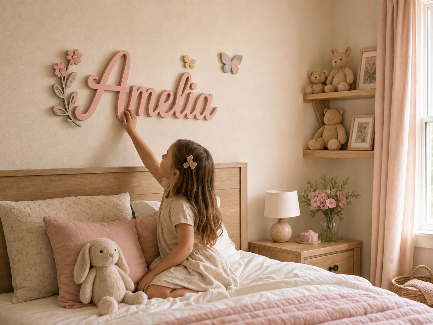 A girl reaching toward her personalized Amelia name piece in a warm bedroom